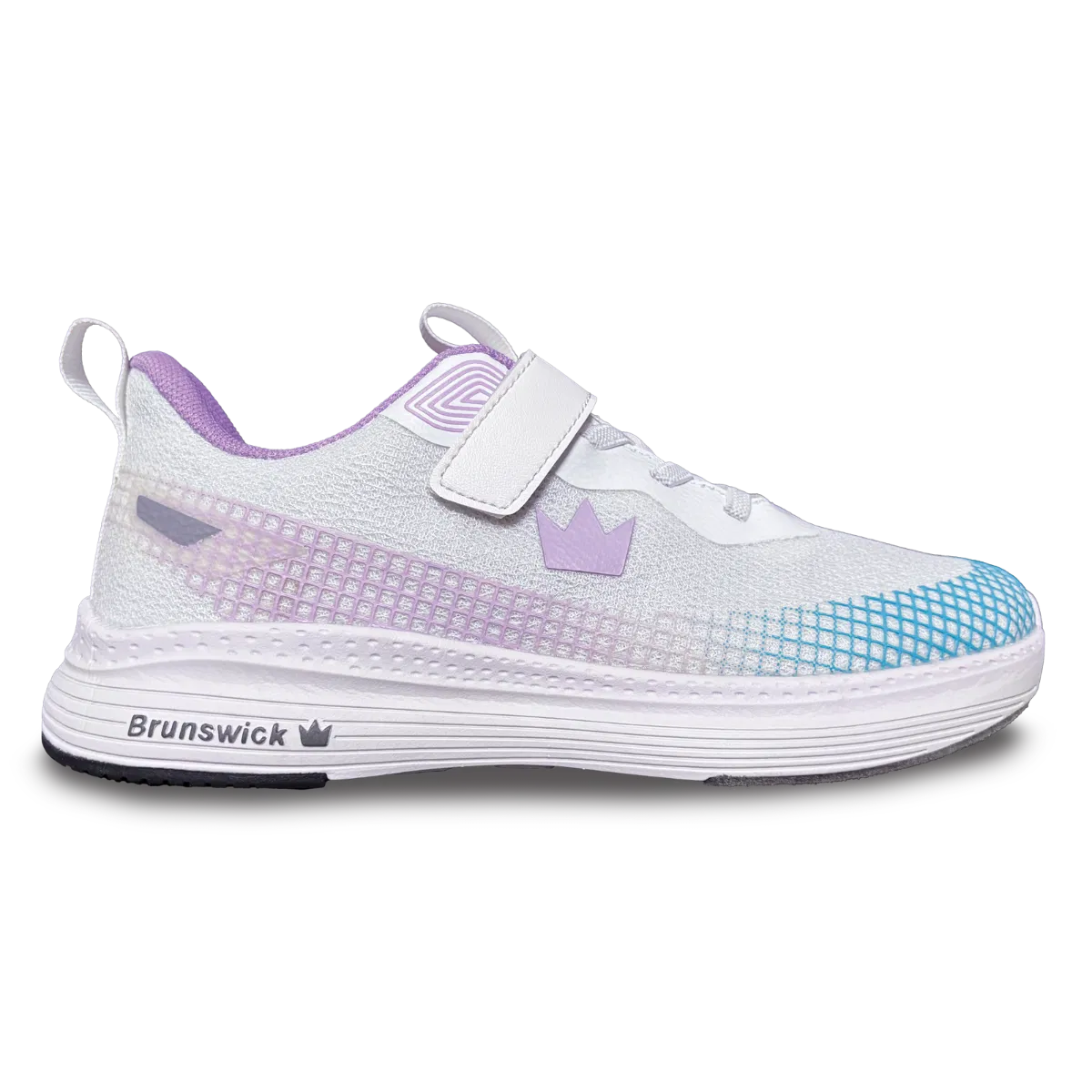 Brunswich Strike Zone Tenpin Bowling Shoe for Girls - White bowling shoe with purple accents and Brunswick logo on a white background