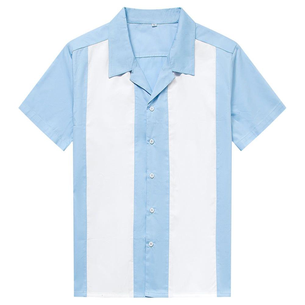 Sky Blue & White Panel Retro Bowling Shirt