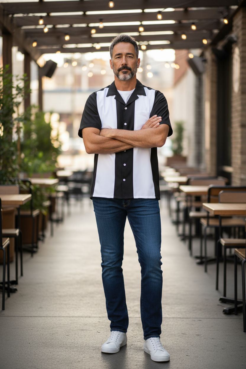Black & Pale Cream Panel Retro Tenpin Bowling Shirt
