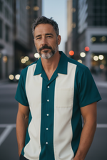 Teal & Cream Panel Retro Bowling Shirt